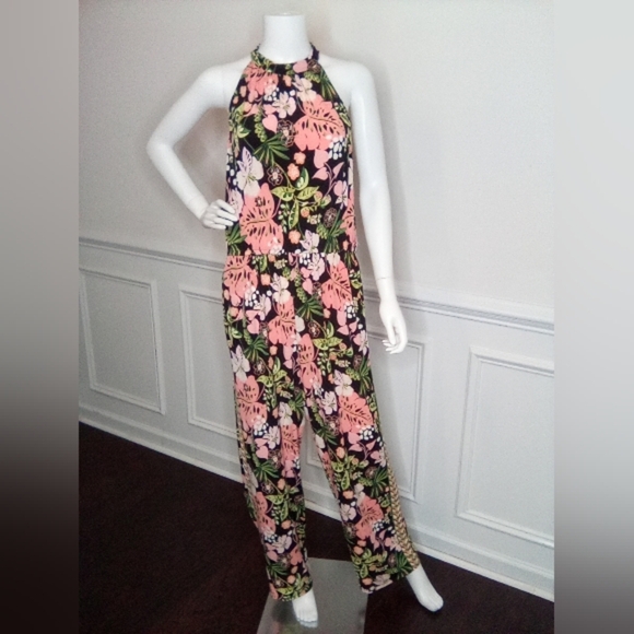 LondonTimes Women's Floral Halter Jumpsuit - Pink and Green, Sz.14 - Picture 4 of 13